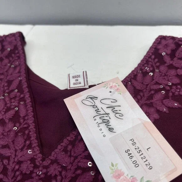 Chic Boutique Studio Kurta Pants Set Womens L Purple Floral Embroidered 2 Piece - Picture 6 of 13